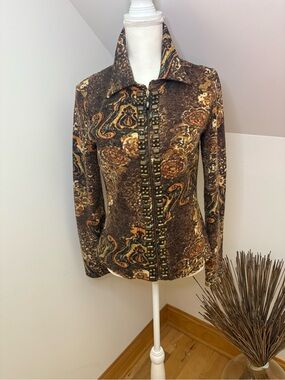 Alberto Makali Brown Paisley Stud-Trim Zip Jacket Sz M
